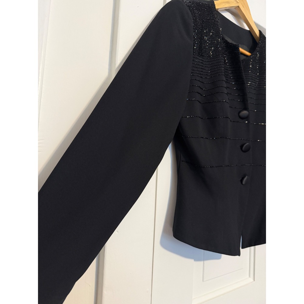 VTG Rimini Black Beaded Evening Jacket Womens 8 V-Neck Satin Button Blazer - Picture 12 of 14